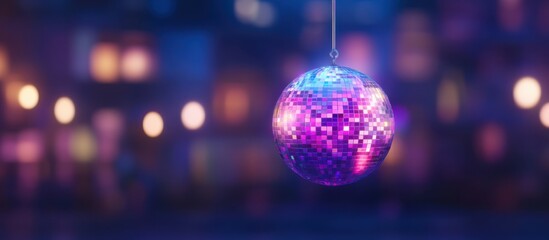 Fototapeta premium A colorful disco ball hangs, reflecting lights in a vibrant atmosphere, creating a festive and lively ambiance.