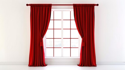 A Captivating Scene of Window Red Curtain Against a White Background, Emphasizing Interior Design and Color Contrast.