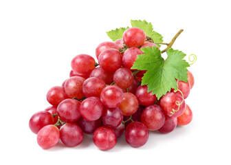 Red grape cluster with leaves isolated on white background.