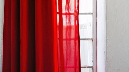 A Captivating Scene of Window Red Curtain Against a White Background, Emphasizing Interior Design and Color Contrast.