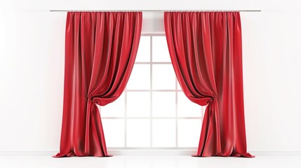 A Captivating Scene of Window Red Curtain Against a White Background, Emphasizing Interior Design and Color Contrast.