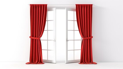 A Captivating Scene of Window Red Curtain Against a White Background, Emphasizing Interior Design and Color Contrast.