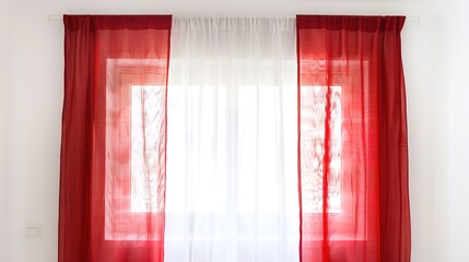 A Captivating Scene of Window Red Curtain Against a White Background, Emphasizing Interior Design and Color Contrast.