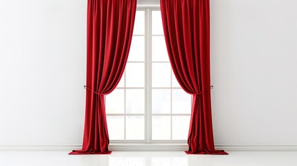 A Captivating Scene of Window Red Curtain Against a White Background, Emphasizing Interior Design and Color Contrast.