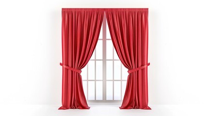 A Captivating Scene of Window Red Curtain Against a White Background, Emphasizing Interior Design and Color Contrast.