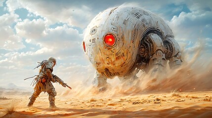 The digital painting depicts an apocalypse warrior standing in a desert landscape, facing off against a towering mechanical beast