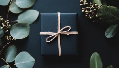 An elegant navy blue gift box tied with simple jute twine, surrounded by delicate eucalyptus leaves and white berries. The minimalist composition