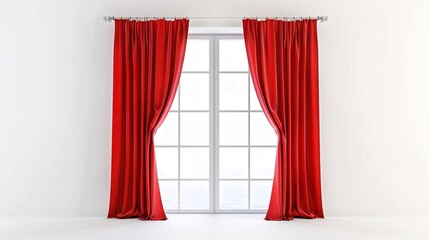 A Captivating Scene of Window Red Curtain Against a White Background, Emphasizing Interior Design and Color Contrast.