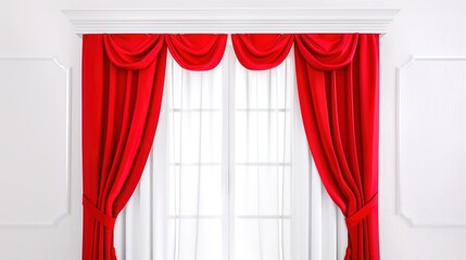 A Captivating Scene of Window Red Curtain Against a White Background, Emphasizing Interior Design and Color Contrast.