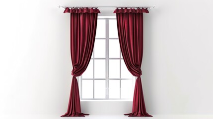 A Captivating Scene of Window Red Curtain Against a White Background, Emphasizing Interior Design and Color Contrast.