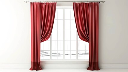 A Captivating Scene of Window Red Curtain Against a White Background, Emphasizing Interior Design and Color Contrast.
