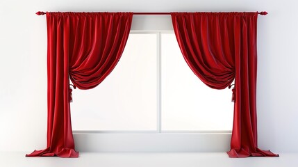 A Captivating Scene of Window Red Curtain Against a White Background, Emphasizing Interior Design and Color Contrast.