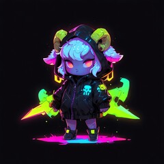 Neon Ram Digital Art: Cyberpunk Kawaii Character
