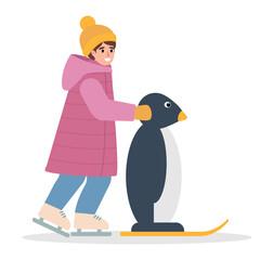 Happy girl with big penguin helper on skating rink in winter. Snowy winter season outdoor activity. Child in warm clothes learning to skate on ice. Vector icon illustration on white background.