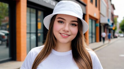 Plus size teenage girl wearing white t-shirt and white bucket hat standing on the street