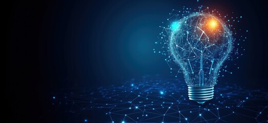 Digital light bulb concept representing innovation and technology, glowing connections, abstract network, blue background, copy space for text