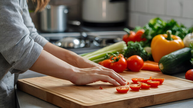 Closeup of young female hands chopping fresh vegetables on chopping board while in modern kitchen - preparing a healthy meal to boost immune system and fight off coronavirus stock photo