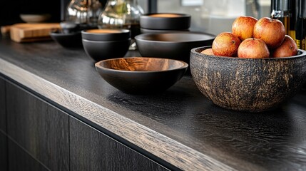 Close-Up of Black Oak Veneer Panel with Bowls and Apples