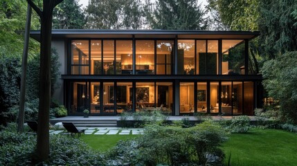 Obraz premium Modern glass house at dusk, nestled in lush greenery.