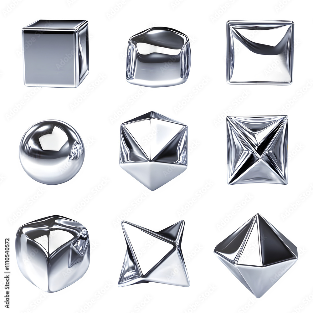 Aufkleber variety of rotating silver geometric shapes displayed on a transparent background, ideal for design 