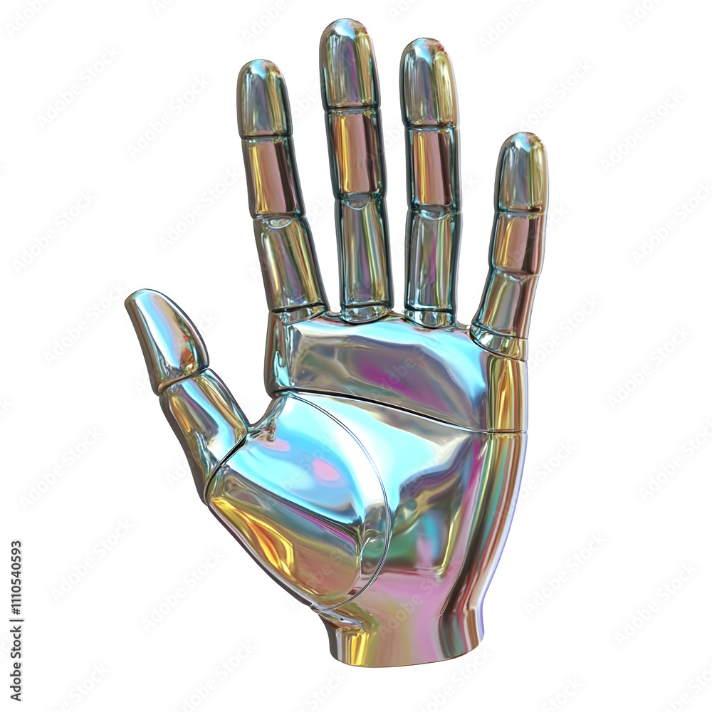 Leinwandbilder metallic robotic hand displaying five fingers with iridescent reflections, isolated on a clear backg