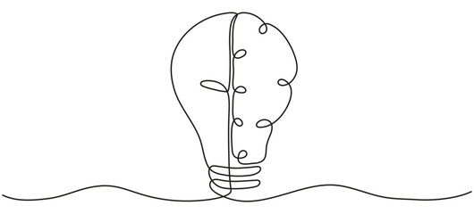 Half of light bulb and half of brain continuous line drawing. Insight and thinking symbol. Wisdom is power concept. Vector illustration isolated on white.