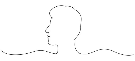Continuous line art drawn male head. Man face linear empty frame. Vector illustration isolated on white.