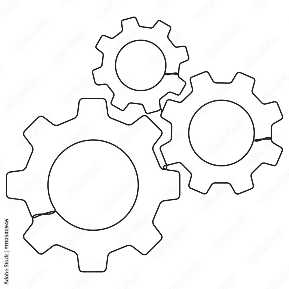 Wall mural gears wheels continuous one line drawing. teamwork concept. moving linear three cog gears. vector il