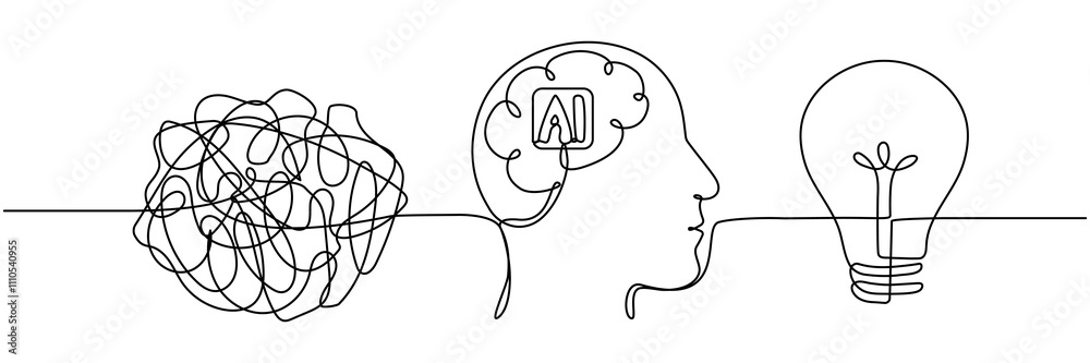 Poster artificial brain intelligence technology with chaos thoughts and light bulb continuous line drawn. c