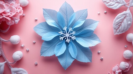 Minimalist pastel blue snowflake on pink background