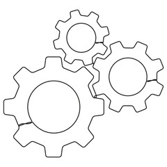 Gears wheels continuous one line drawing. Teamwork concept. Moving linear three cog gears. Vector illustration isolated on white.