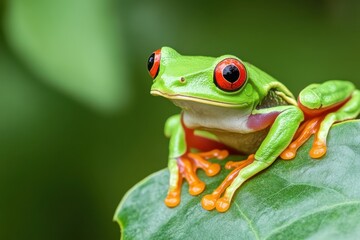 Obraz premium Bright green frog perched atop a leaf in a lush tropical environment during daylight