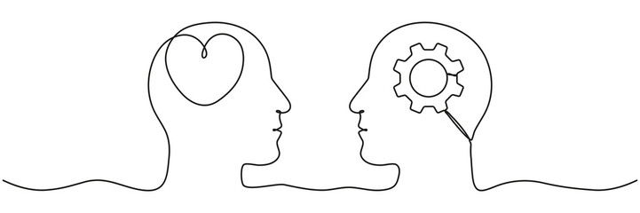 Continuous line drawing of human heads with heart and gear inside. Rational and emotional relationship concept. Vector illustration isolated on white.