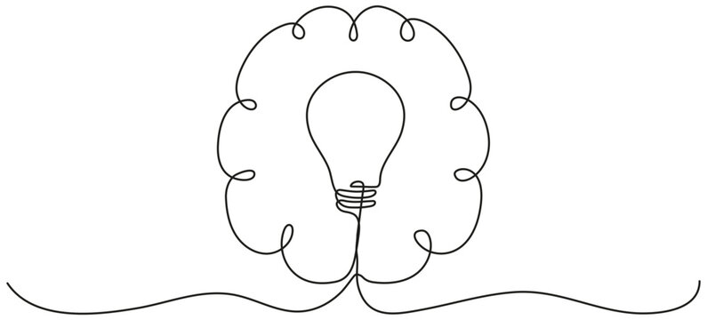 Light bulb inside human brain continuous line art drawing. Wisdom concept. Creative idea and insight symbol. Intellectual property sign. Vector illustration isolated on white.