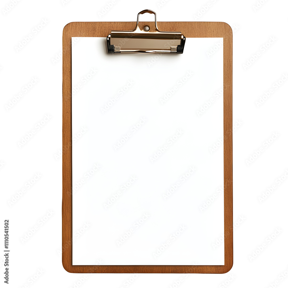 Poster blank white paper attached to clipboard, offering space for text or design on a clear background