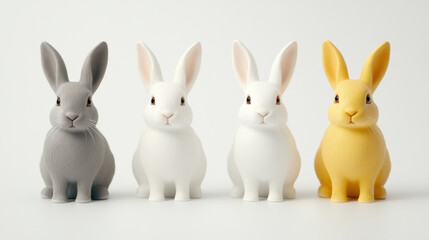 Fototapeta premium Diversity and unity, Four rabbits standing in row, featuring gray, white, and yellow rabbit, showcasing their adorable expressions and playful nature