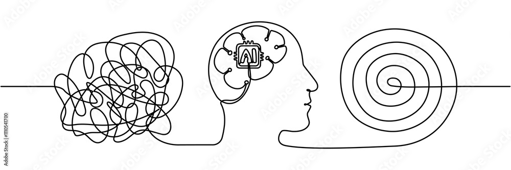 Wall mural artificial brain intelligence technology with chaos and order thoughts continuous line art drawn. pr