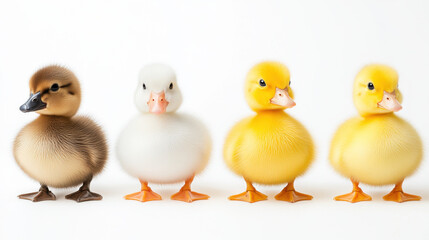 Fototapeta premium Diversity and unity, Fluffy ducklings in lineup, featuring three bright yellow and one brown duckling, showcasing their adorable and playful nature