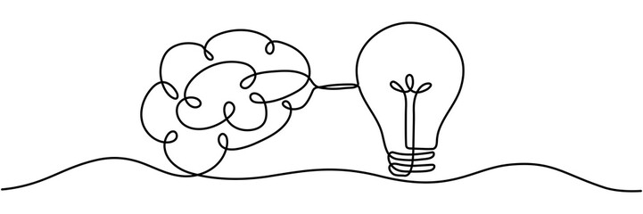 Light bulb connect with human brain continuous line art drawing. Wisdom concept. Creative idea and insight symbol. Intellectual property sign. Vector illustration isolated on white.