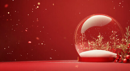 Festive snow globe displaying a winter scene with snowflakes on a red background during the holiday season