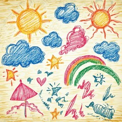 Colorful Hand-Drawn Sun, Clouds, Rainbow, and Stars Illustrations on Textured Paper Background for Playful and Creative Themes