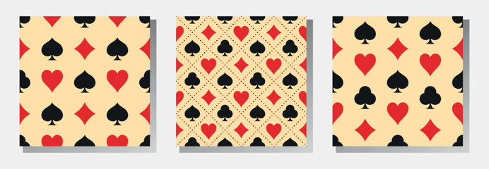 Card suits vector seamless patterns collection. Hearts, crosses, spades and diamonds on beige background. Best for textile, casino decor, wallpapers, wrapping paper, package and web design.