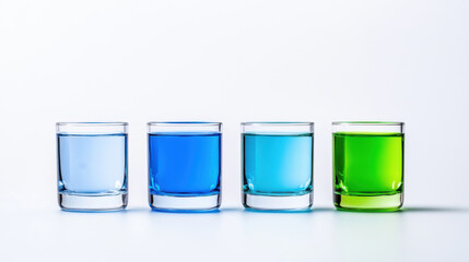 Diversity and unity, Four glasses filled with water in varying shades of blue and green create vibrant display. colors blend beautifully, showcasing refreshing and lively atmosphere
