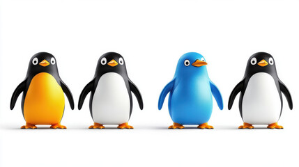 Obraz premium Diversity and unity, Four colorful penguins standing in row, showcasing mix of black, white, and blue colors, creating playful and cheerful atmosphere