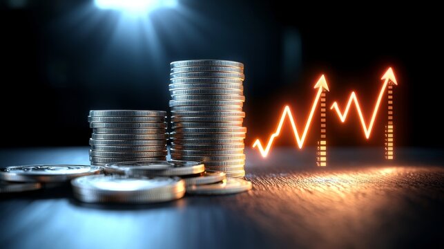 Financial Growth through Rising Coin Stacks Business Setting Infographic Representation Illuminated Environment Investment Concept