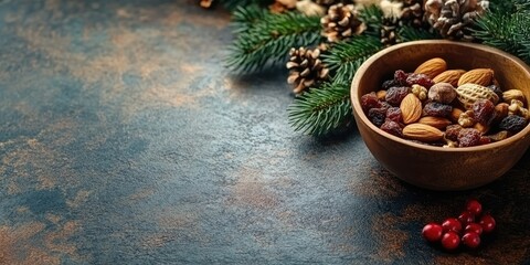 Wooden bowl overflowing with festive christmas nuts and dried fruits