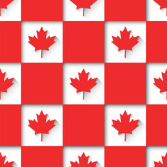 Canadian paper cut vector seamless pattern. Maple leaves on chess background in red and white colors. Best for textile, wallpapers, decoration, wrapping paper, package and web design.