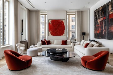 Modern living room interior design featuring red accents and abstract art