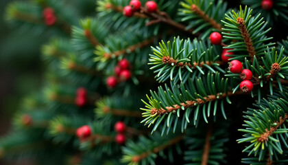 Pine branch texture background with green needles and red berries