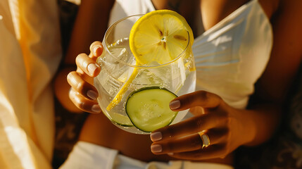 spa wellness experience, a glowing woman with clear spa water infused with lemon and cucumber, exuding calm and rejuvenated energy, giving off a clean and fresh vibe